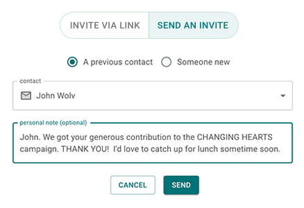 Donor invitation interface with customizable email and text templates
