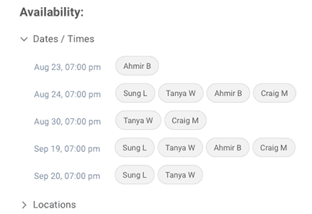 Group scheduling for fundraising teams with participant availability view